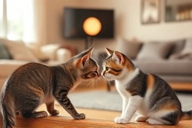 Cats cautiously interacting during introduction phase.