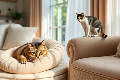 Two cats peacefully coexisting in a calm, harmonious living room.