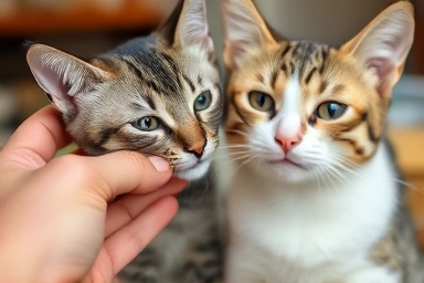Human gently petting a cat, promoting harmony between pets.