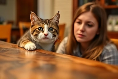 Cat looking over dining table, pet owner concerned