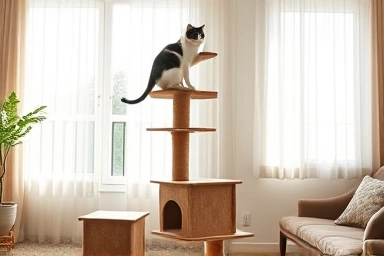 Cat playing on a tall cat tree, alternative space