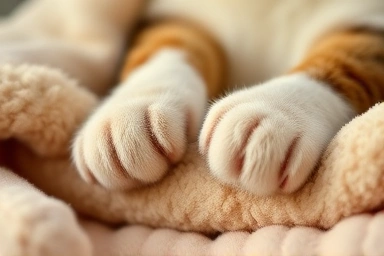 Cat paws kneading a soft blanket with warmth and comfort.