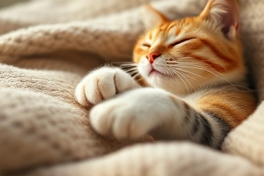 Cat paws kneading a soft blanket, conveying comfort and affection.