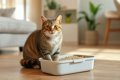 Happy cat using clean litter box in cozy room.