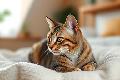 Cat in loaf position, alert and cozy.