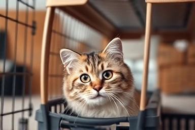 Anxious cat peeking from carrier during a move