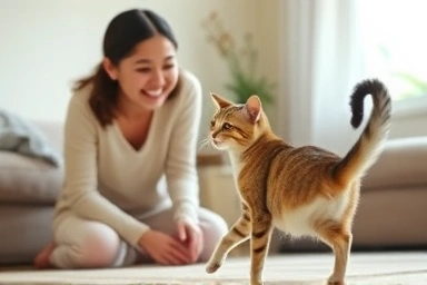 Cat responding to owner's call with happiness