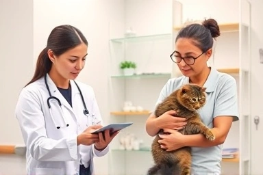 Veterinarian consulting with cat owner about pet health.