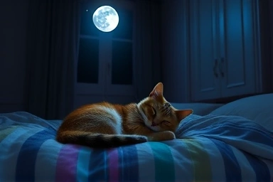 Peaceful cat sleeping in a quiet bedroom at night.