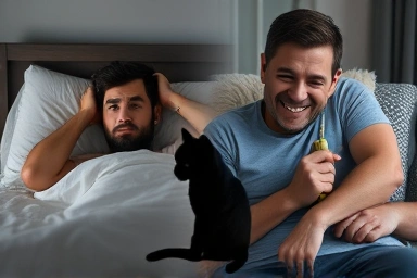 Owner's journey from sleepless nights to peaceful sleep with cat.