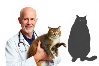 Veterinarian with a healthy cat, contrasting obesity