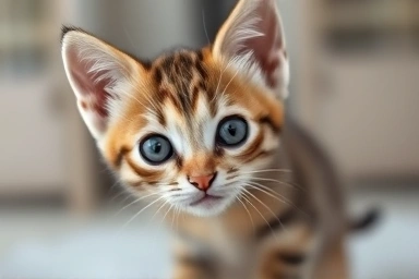 Healthy kitten with curious eyes, safe home environment.
