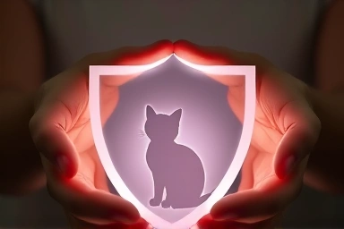 Hands protecting a cat silhouette, symbolizing care and safety.