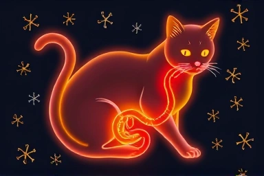 Symbolic illustration of a healthy cat digestive system with good bacteria.
