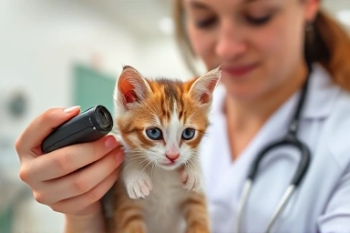 Veterinarian registering a kitten with a microchip.