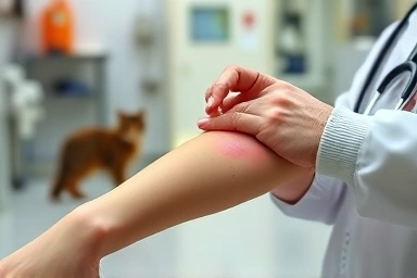 Veterinarian examining human skin for signs of fungal infection.