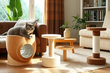 Various cat scratchers in a home setting with a happy cat.