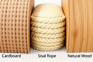 Close-up textures of cat scratcher materials: cardboard, sisal, wood.