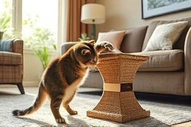 Cat happily scratching a designated post, ignoring furniture.
