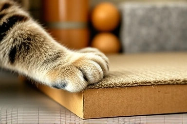 Close-up of cat's paws on cardboard scratcher.