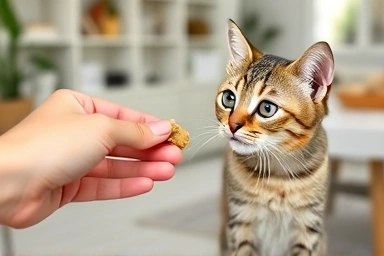 Hand offering treat to relaxed cat, symbolizing trust