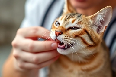 Veterinarian examining a cat's mouth for stomatitis