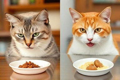 Cat recovering from stomatitis, enjoying food