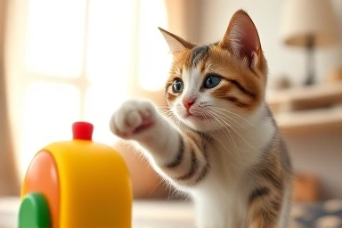 Playful cat interacting with a colorful interactive toy.