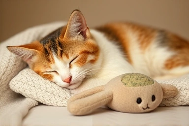 Calm cat resting near a catnip toy, symbolizing relaxation.
