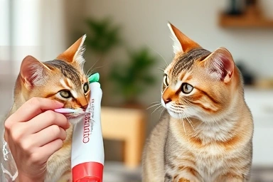 Owner gently brushing cat's teeth with special tools