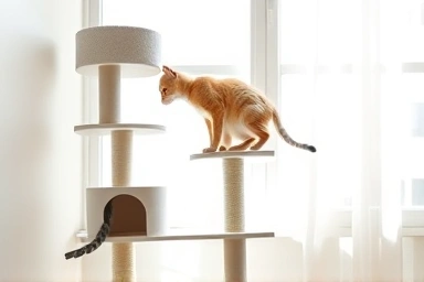 Curious cat investigating a cat tree near a window