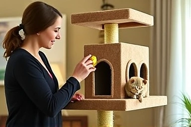 Owner encouraging cat to use cat tree with toys