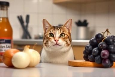 Cat avoiding toxic human foods on kitchen counter.