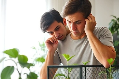 Owner protecting cat from potentially toxic houseplant.