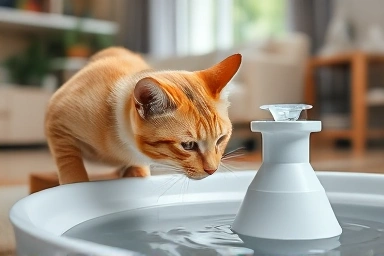 Cat drinking from water fountain, symbolizing urinary health.
