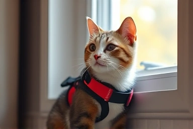Content cat in harness, curious about the outdoors.