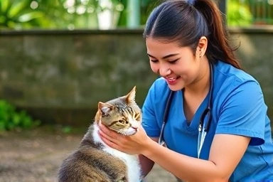 Expert pet caregiver with a cat outdoors, building trust.