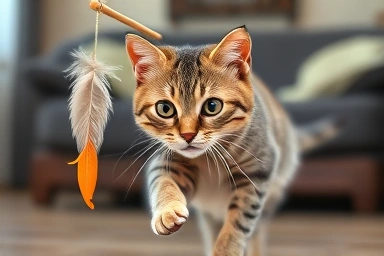 Playful cat hunting a feather toy