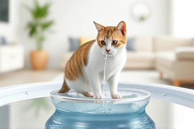 Cat water fountain with clean flowing water in a modern home.
