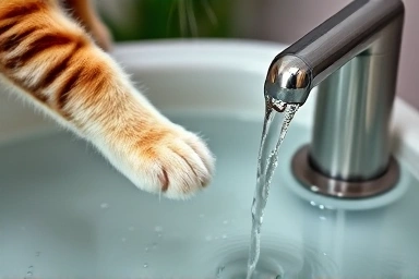 Cat drinking from a clean water fountain, healthy pet.