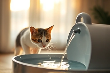 Cute cat drinking from a pet water fountain.