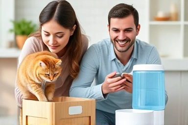Owner's concern vs. cat's happiness with water fountain.