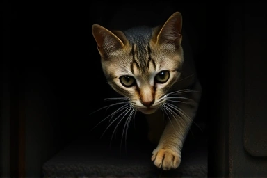 Cat using whiskers to sense its environment in low light