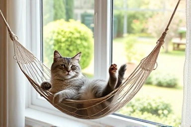 Happy cat relaxing in a window hammock, enjoying the view.