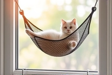 Durable mesh cat window hammock with secure suction cups.