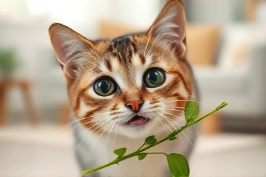 Happy cat enjoying matatabi with wide, joyful eyes.