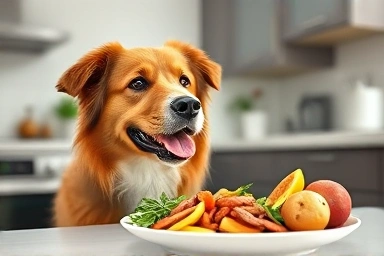 Happy dog enjoying a balanced, fresh custom-prepared meal.