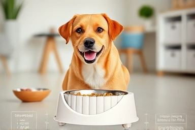 Dog eating from elevated slow feeder bowl, preventing choking.