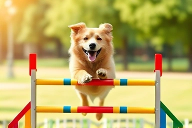 Happy dog jumping over agility obstacle in park