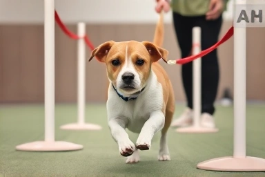 Owner guiding dog through agility weave poles, close-up